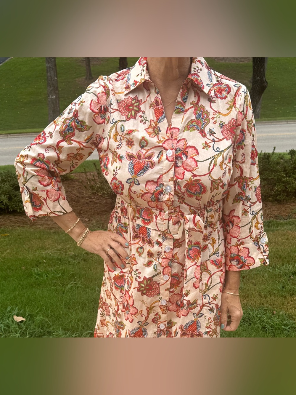 Floral Button-Down Midi Shirt Dress - Red & Cream Floral Print